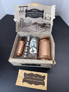Vintage 1950s Sears Cooky Press Cake Decorator Set Copper Aluminum Boxed